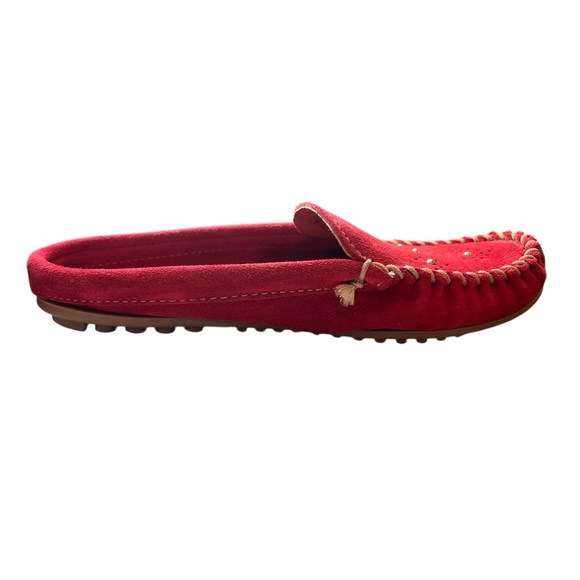 Minnetonka Red Suede Driving Moccasins | Size 8 | Pearl-Studded Slip-On Loafers - Picture 7 of 8